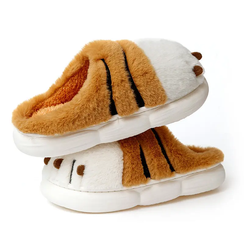 Cartoon Tiger Paw Slipper Women Winter Indoor Warm Fur Shoes Slides Cute Animals Plush Platform Design Claw Ladies Home Slippers