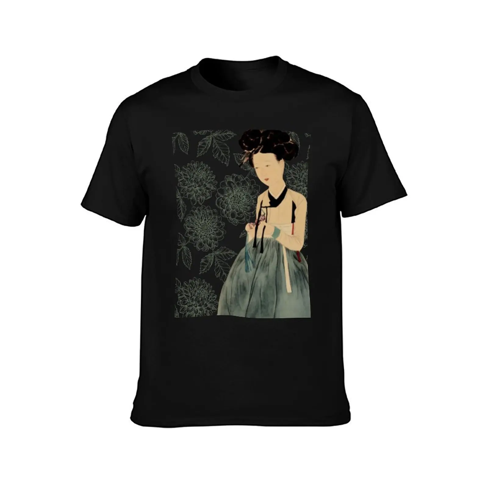 ??? Lovely Korean Women in A Teal-Green Hanbok T-Shirt Minimalist Casual Short Sleeve Top T-Shirt
