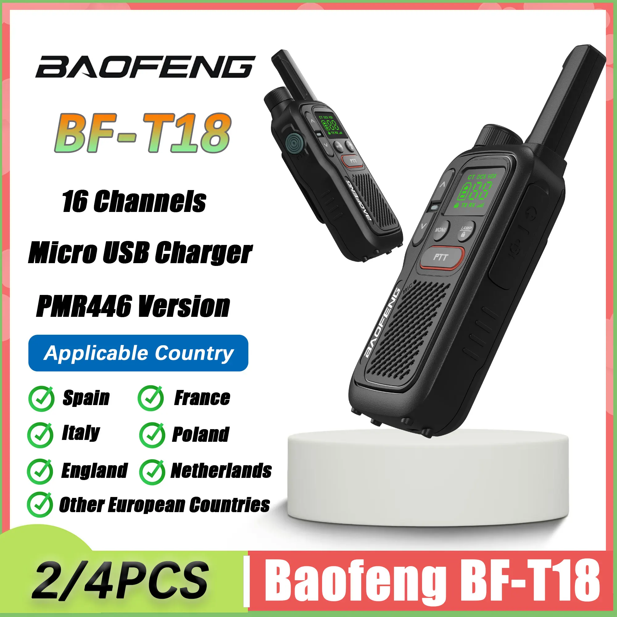 BF-T18 PMR446 Baofeng Mini Walkie Talkie 16 Channel 446MHZ For European Country USB Charging Flashlight Long Range Two Way Radio