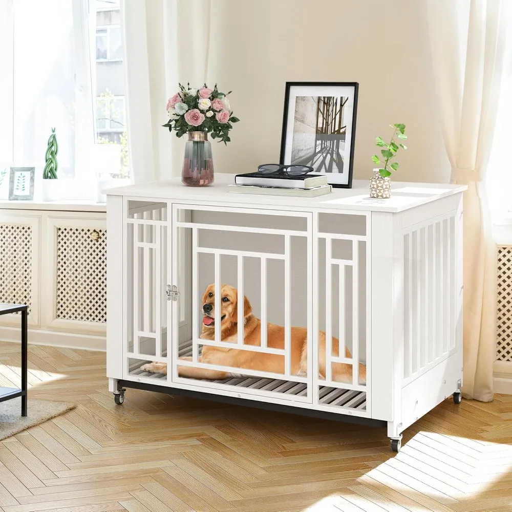 

Dog Crate Furniture, 38.2" Heavy Duty Dog Cage, Wooden Side End Table with Wheels, Chew-Resistant Metal Dog Kennel with Removab