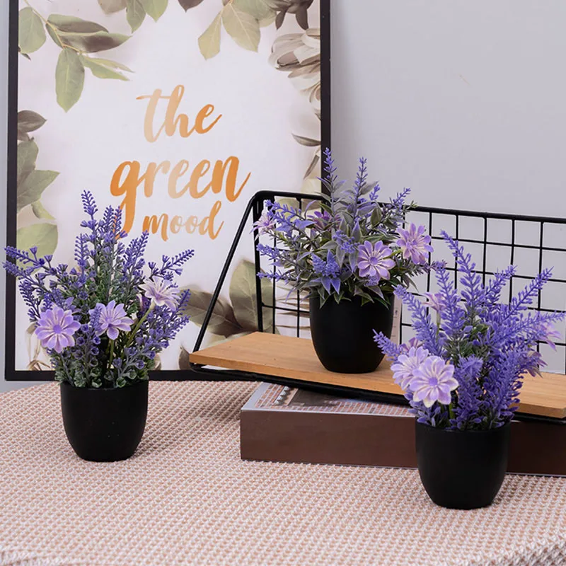 1pc Artificial Lavender Bonsai Desktop Ornaments Fake Purple Flower Potted For Wedding Party Garden Office Home Living Room