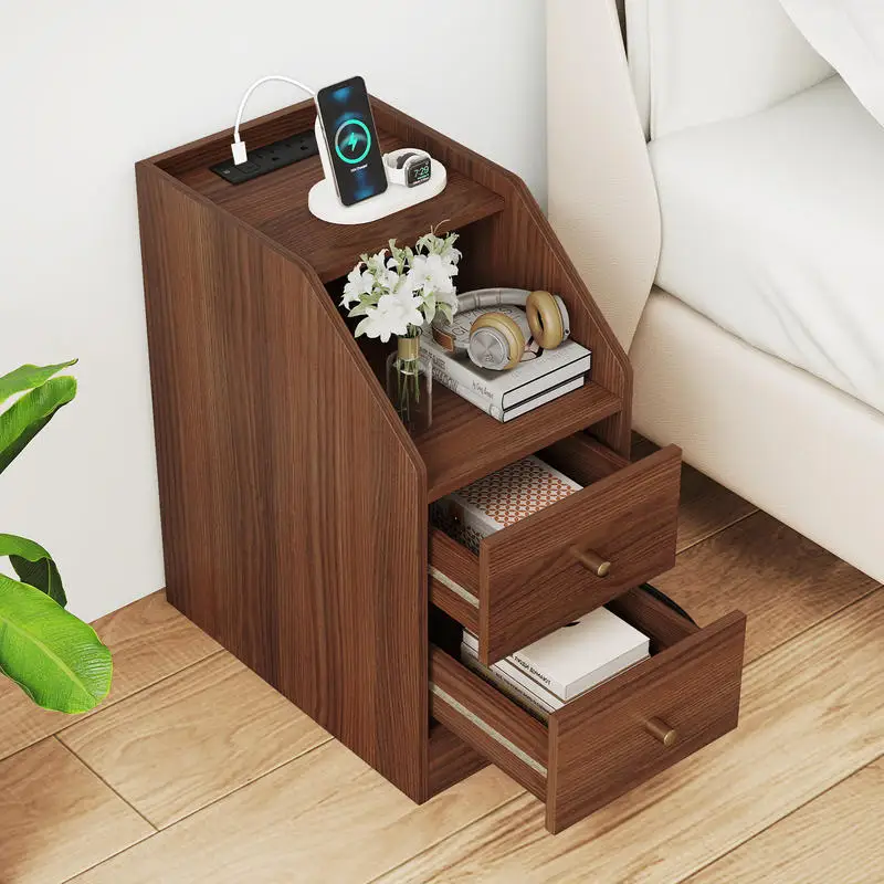 

Side End Table with Charging Station Sofa Couch Table with Shelf Drawers-Walnut