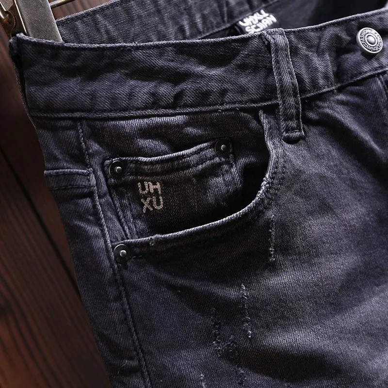 Designer Fashion Men Jeans High Quality Retro Black Gray Stretch Slim Fit Hole Ripped Jeans Men Street Vintage Denim Pants Homme