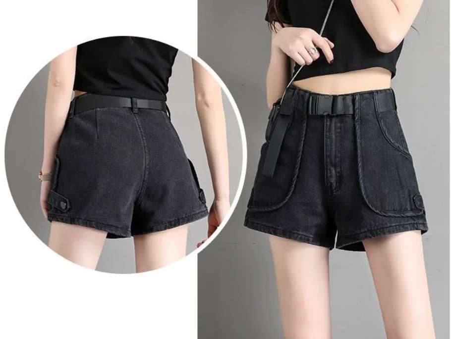 Vintage Black Short Pants Women Summer Cotton Casual Loose Pocket Button Elastic High Waist Sweatshort Sweet Chic Cargo Shorts