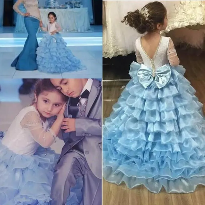 

Flower Girl Dresses For Weddings Layered Organza Beads Bow 3/4 Long Sleeves Girls Pageant Derss Kids Party Birthday Gown