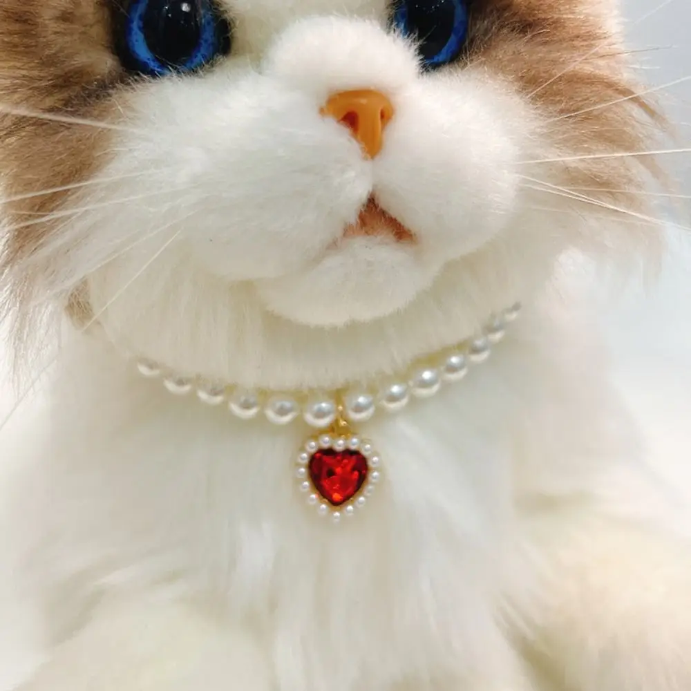 Decorative Pet Pearl Necklace Adjustable Artificial Pearls/Metal Rhinestones Cat Collar Colorful Cat Heart Diamond Necklace