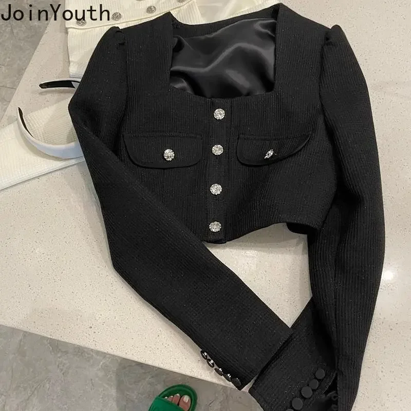 Temperament Jackets for Women Square Collar Long Sleeve Outwear Office Lady Fashion Korean Coat Crop Tops 2023 Ropa Mujer 27n677