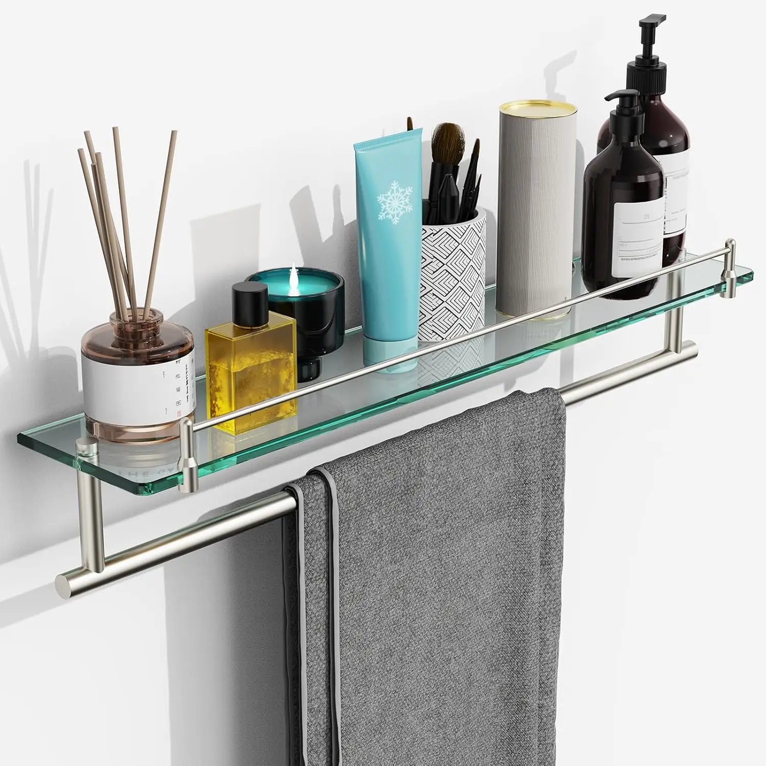 

24-Inch Tempered Glass Bathroom Shelf with Towel Bar, Brushed Nickel SUS304 Stainless Steel Wall Mount Hanger
