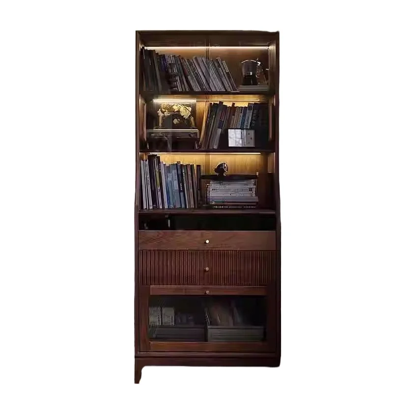 

North American black walnut bookcase retro style living room figure display dust storage locker