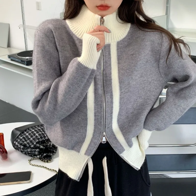 

Two-way Zipper Knitted Cardigan Top for Women in Autumn and Winter Contrasting Colors and Turtleneck Sweater Jacket