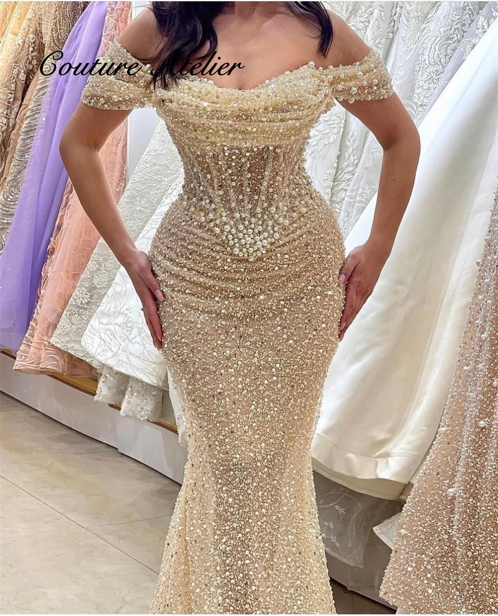 

Fascinating Champagne Dubai Luxury Evening Dresses Woman 2025 Beads Sequin Pleat Mermaid Wedding Guest Gowns Cocktail Customized