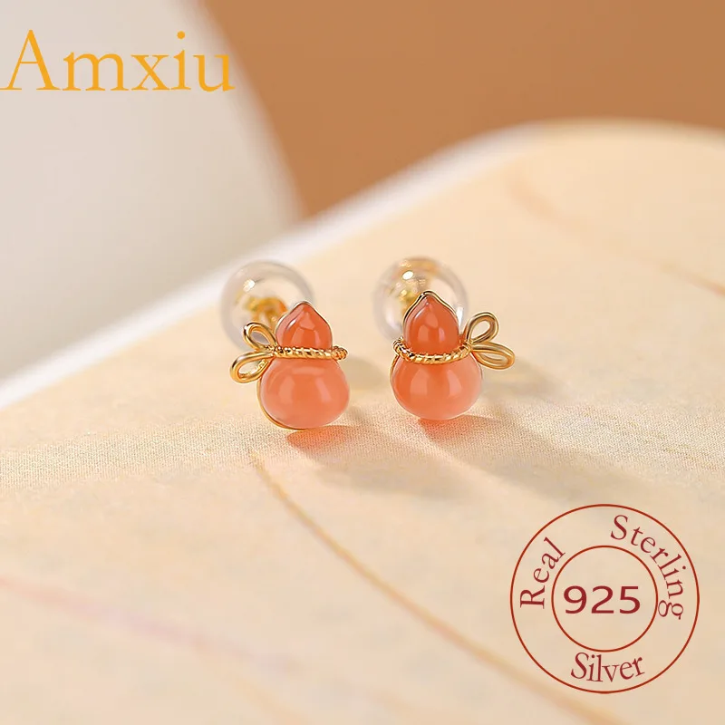 

Amxiu Sterling Silver 925 Gold-Plated Natural Southern Red Agate Earrings New Chinese Style Gourd Bow Silver Ear Jewelry