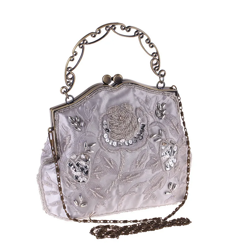 Lost in Vintage Evening Bag Decorated with Handmade Beads Floral Patterns Sequins Rhinestones Clutch Purse Detachable Chains