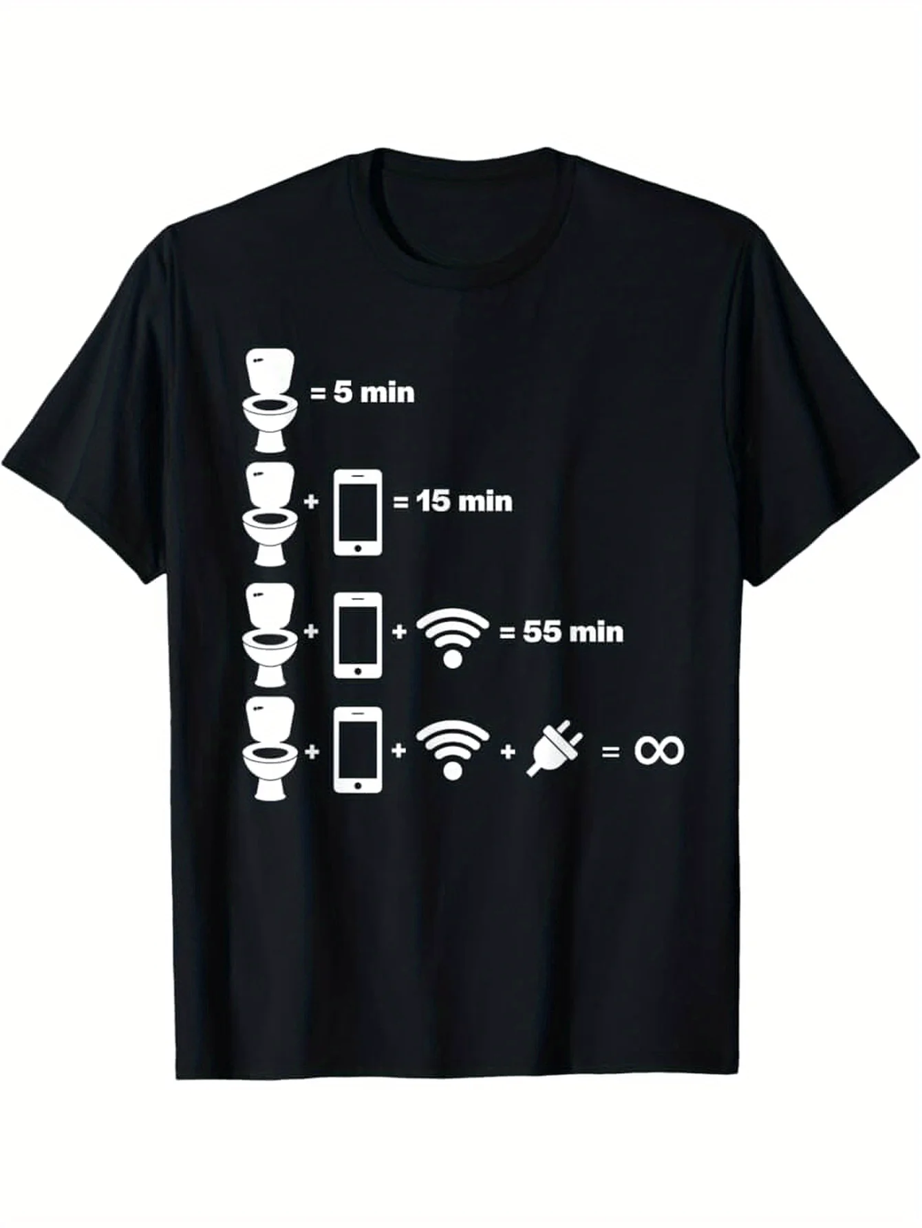 Funny Men's Black Graphic T-Shirt Toilet Phone Wifi Charging Time Equation Humor Icon Print 100% Cotton Heavyweight Short Sleeve Casual Streetwear Tee
