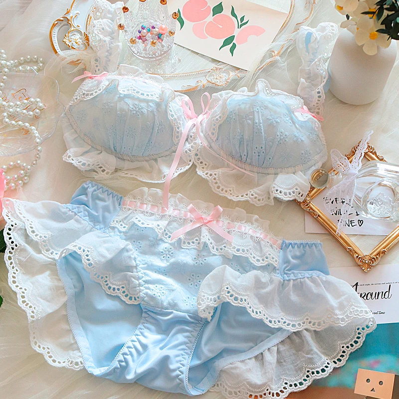 Japanese sweet girl underwear ruffles embroidery cotton micro-gather no steel ring bra set cute bow women lingerie panty