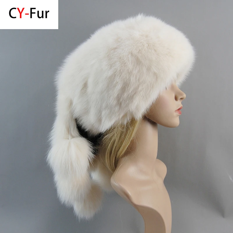 Winter Warm Luxury Lady Natural Fox Fur Bomber Hat Women Russian Raccoon Royal Fur Caps Fox fur Hat Dome Mongolian Hat Fur Hat