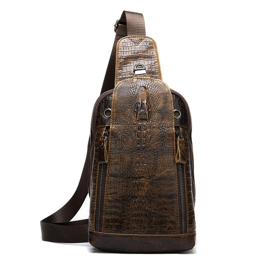 

Men Vintage Leather Shoulder Messenger Bag First Layer Cowhide Crocodile Grain Head Sling Chest Pack Casual