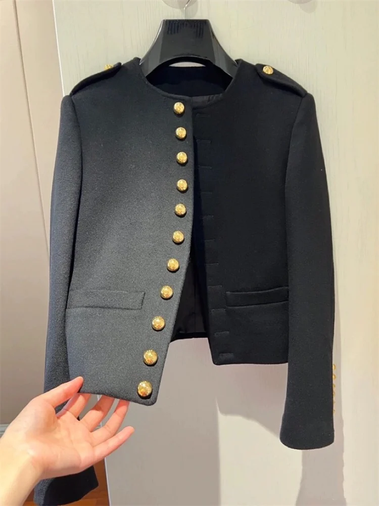 Retro Metal Buckle Women's Jacket Black Luxury Lightweight Autumn Winter Fashion Commute Style Long Sleeve round Neck Short Coat