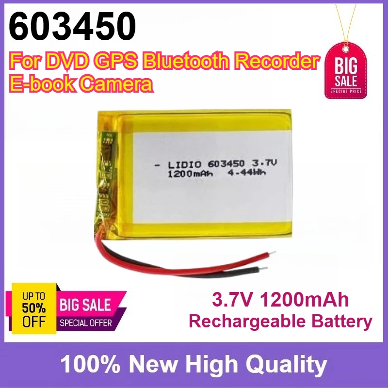 

100% New 5PCS 603450 3.7V 1200mAh Rechargeable Li-Polymer Battery For DVD GPS Bluetooth Recorder E-book Camera