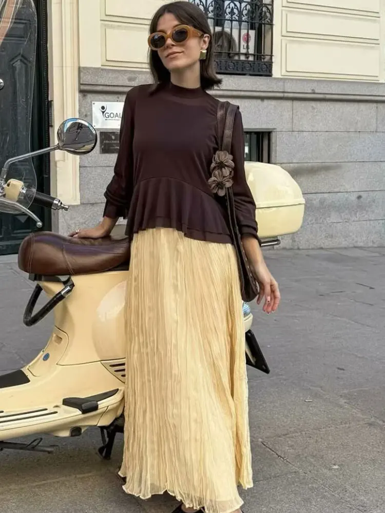 HH Women Fashion Solid Pleated Midi Skirt High Waist Loose Casual Elastic Waist Skirts Summer Female Chic Yellow Tulle Skirt