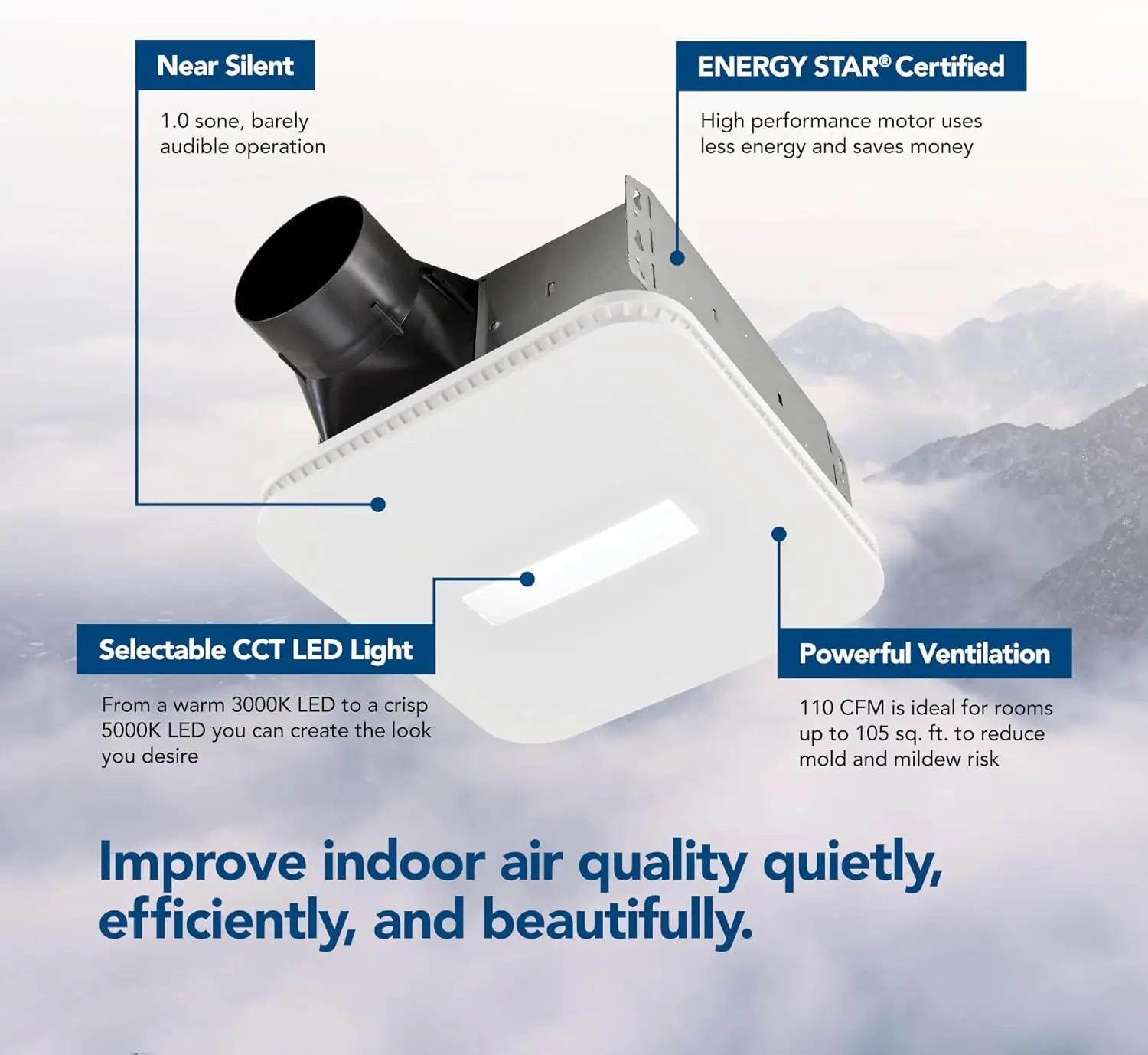 حمام 110 CFM AER110CCTK، 1.0 واحد، مع ضوء CCT LED قابل للتحديد، مروحة حمام ENERGY STARBath، أبيض