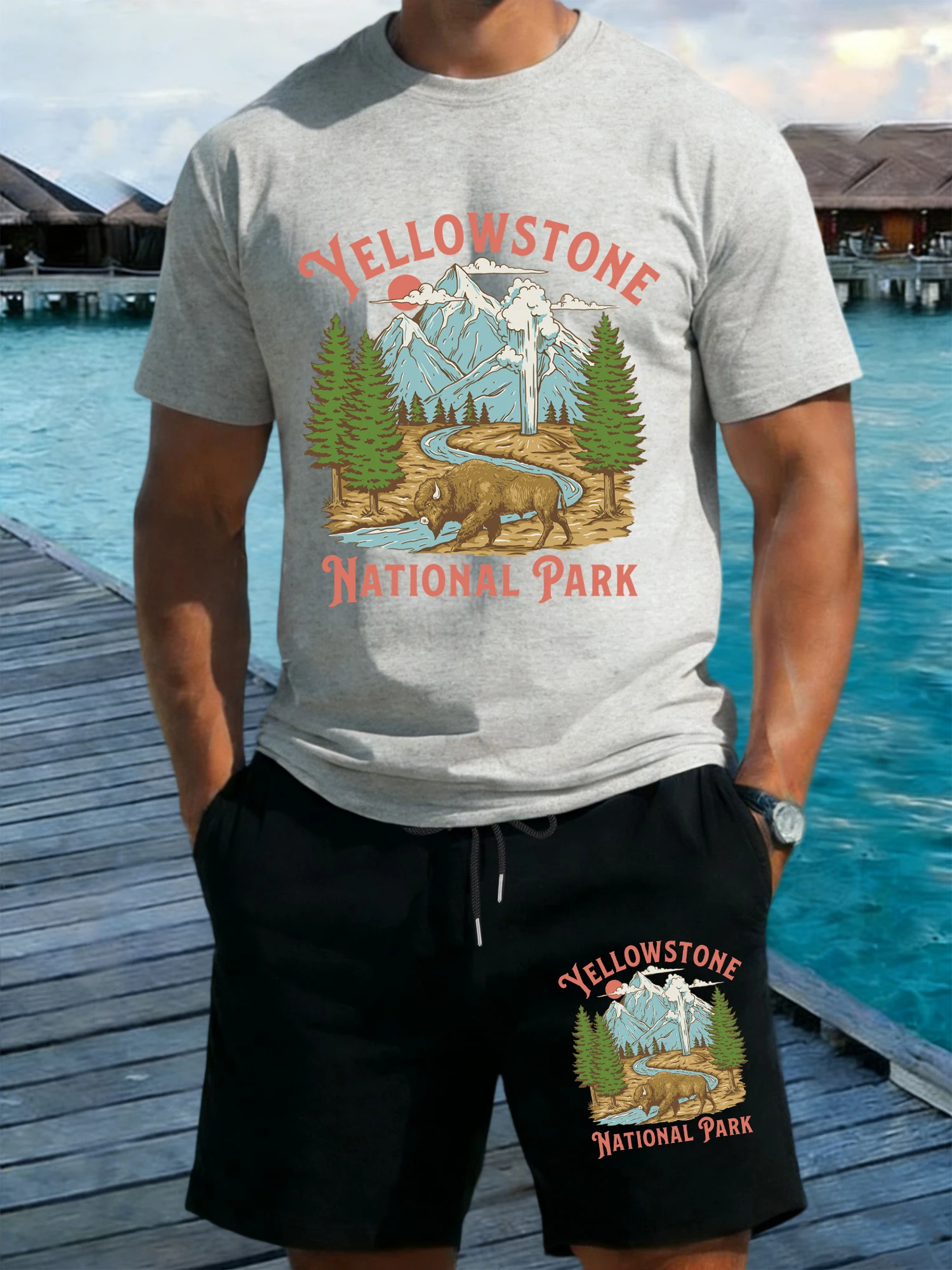 

Мужские футболки с принтом Национального парка Йеллоустоун, хлопковые футболки с круглым вырезом, летние короткие брюки, широкие брюки с карманами, черные брюки