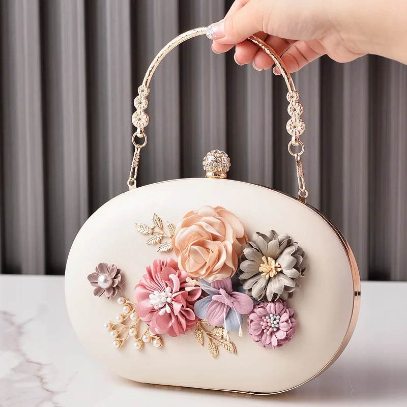 

Retro Khaki Beige Small Clutch Handbags Fashion Fine Flower Decor Bridal Evening Bag Party Clutches Chain Shoulder Bag For Women