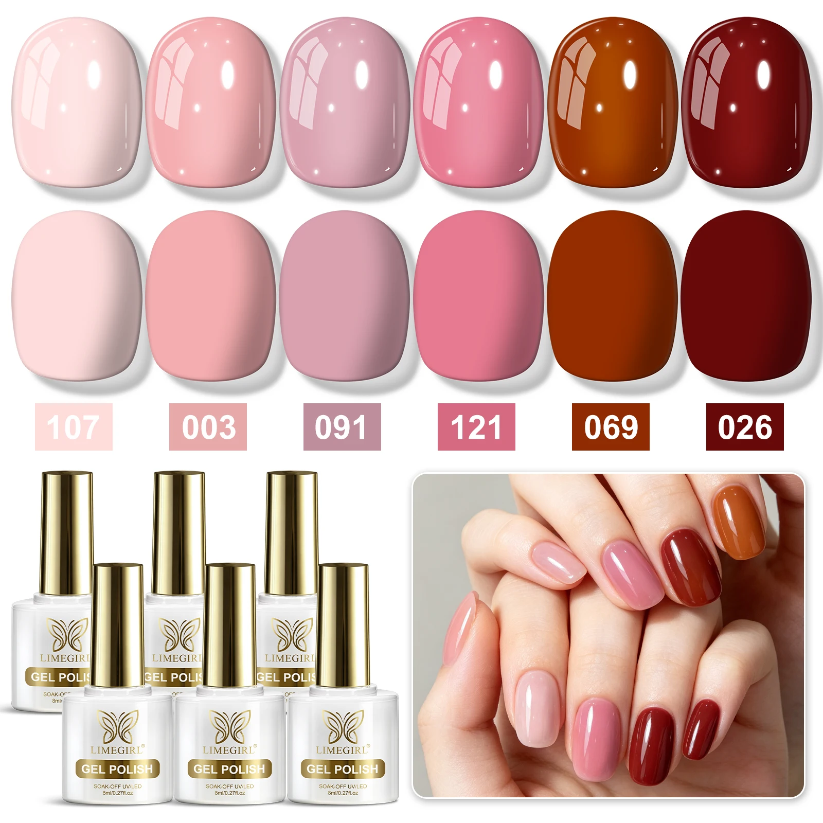 LIMEGIRL 6pcs Gel Nail Polish Set Pink Series Nail Art Design DIY Gel Vernis Semi-Permanent UV LED Nail Polish Gel Kit