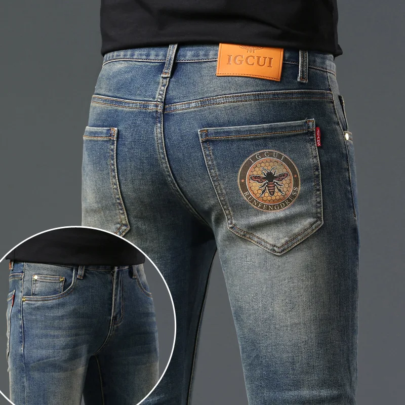 

New High-End Digital Spray Painted Niche Design Jeans Men'S Trendy Brand Retro Washed Versatile Elastic Slim Fit Casual Pants