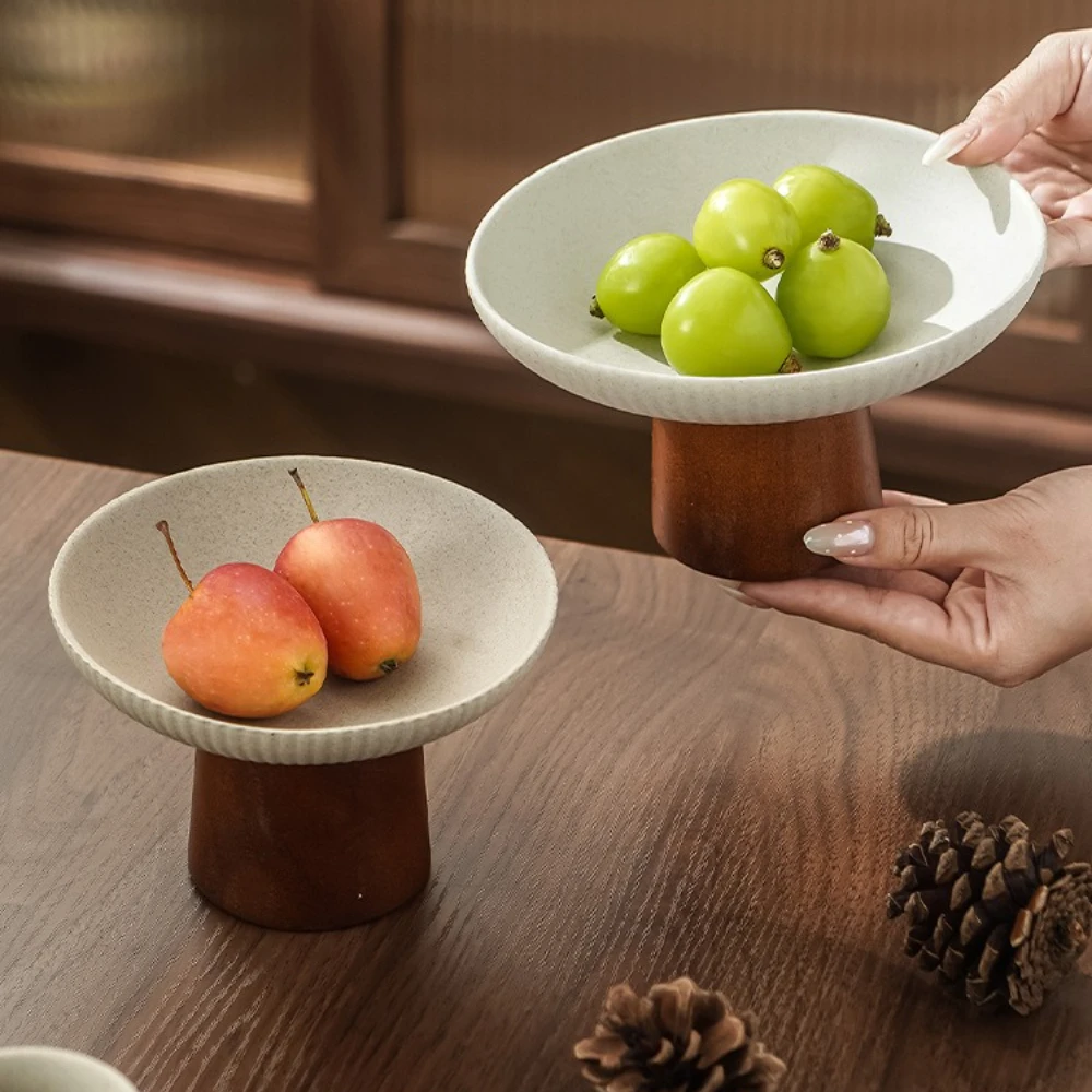 

Coarse Pottery Ceramic Dim Sum Plate with Wooden High Foot Household Kitchen Zen Style High Foot Dim Sum Plate Snack Plate Trays