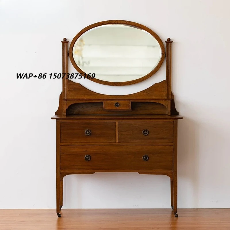 QIYUNFANG American-style Oak Solid Wood Dressing Table Reversible Mirror Stainless Steel Bedroom Storage Chest Bedside Cabinet