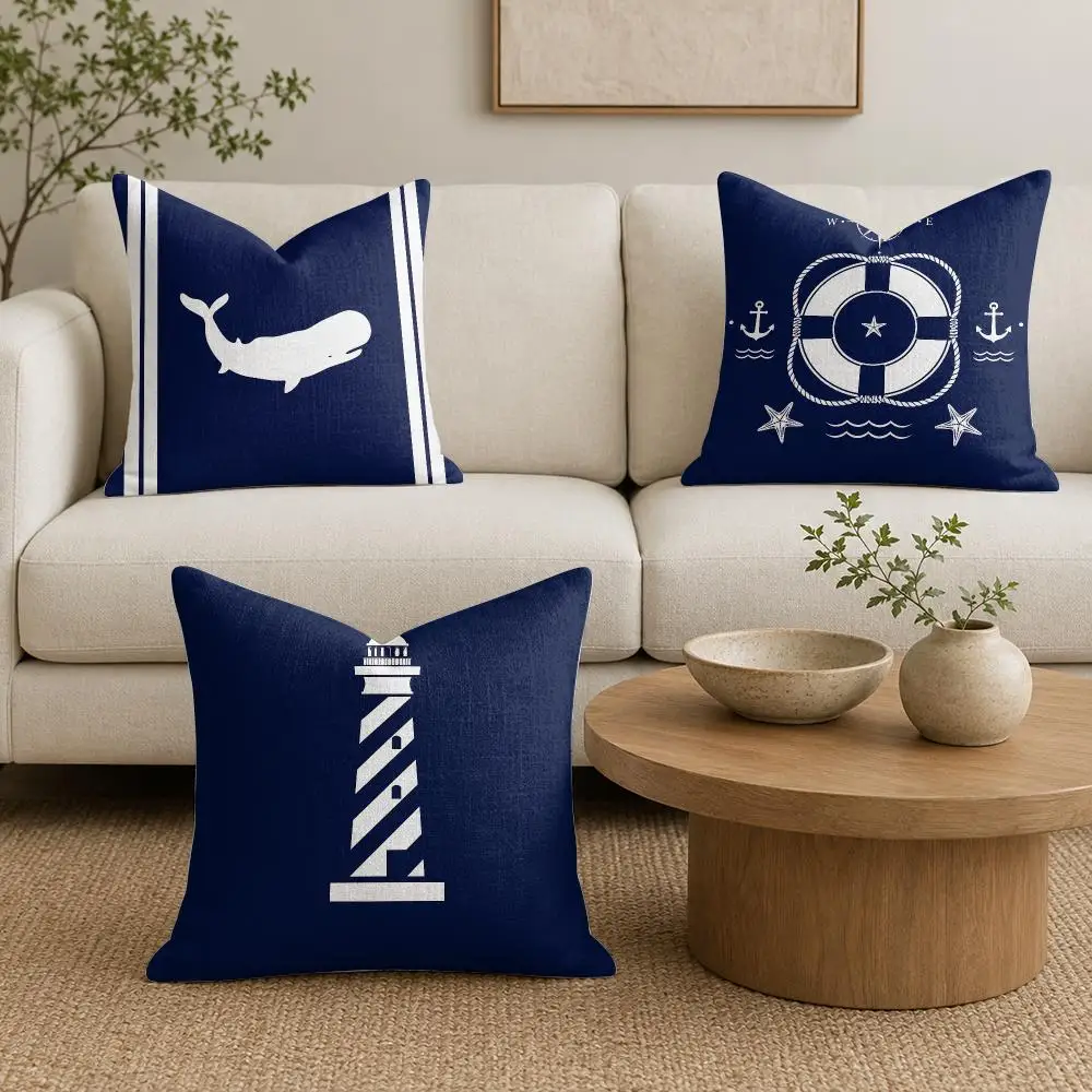 Home Decor Compass Anchor Cushion Cover Natural Linen Organic Fabric Double-Sided Printing Sofa Home Decor Gift Pillow Cover