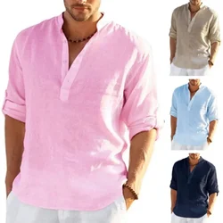 Nieuw Heren Linnen Lange Mouwen Ademend Shirt Effen Kleur Casual Katoenen Linnen Shirt Tops Hennep Shirt Voor Heren T-Shirt