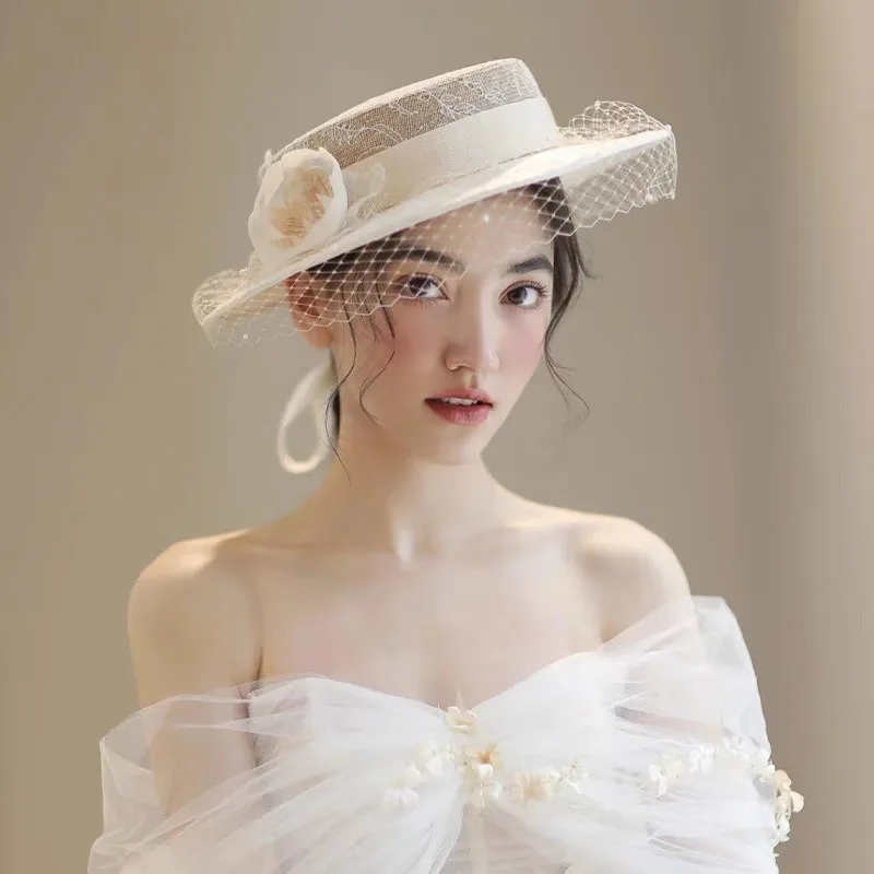 Bridal Hat Flower Mesh Mask Photo Elegant English Style Top Hat