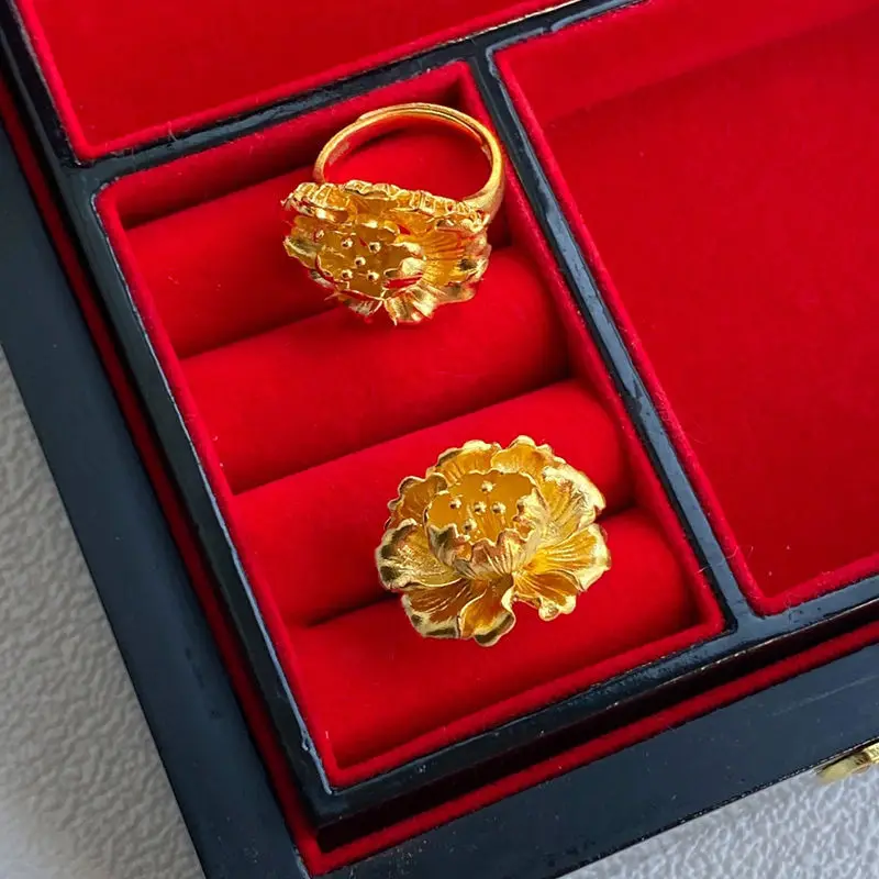 New Chinese Style Gold Color Peony Flower Ring Women\'s High End Luxury Banquet Jewelry Rings