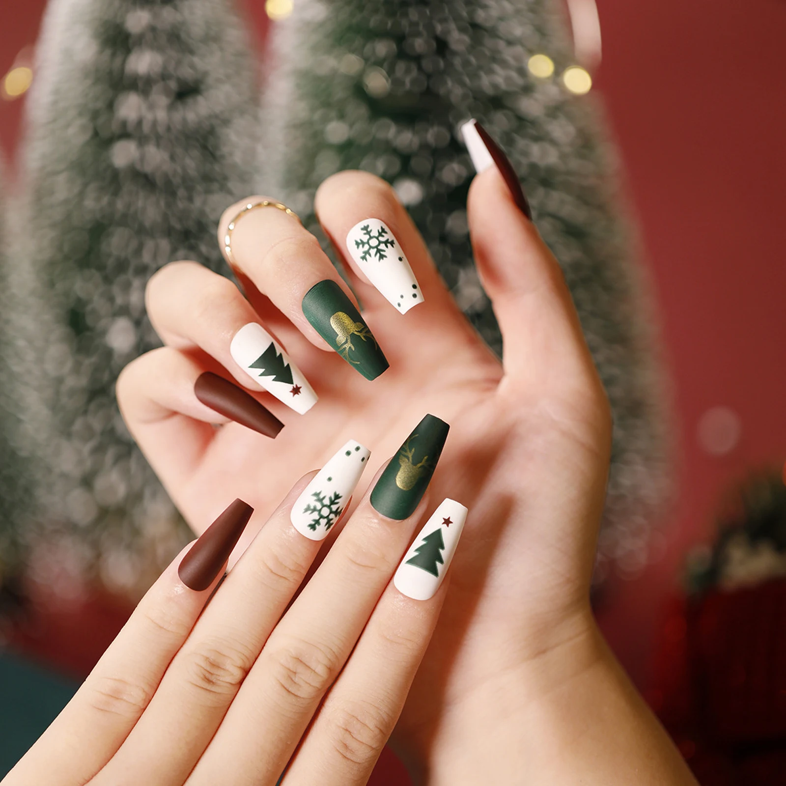 

48 Pcs Full Cover Press On Nails Plastic False Coffin Artificial Christmas Fingernails Ultra Thin Styling Glue Included Holiday
