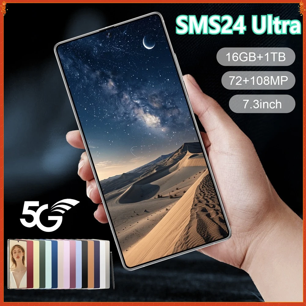 Смартфон 2026 5G для сотового телефона SMS24 Ultra 7.3HD Android 14 72MP+108MP 22G+2TB 7800 мАч Разблокированные мобильные телефоны Dual Sim