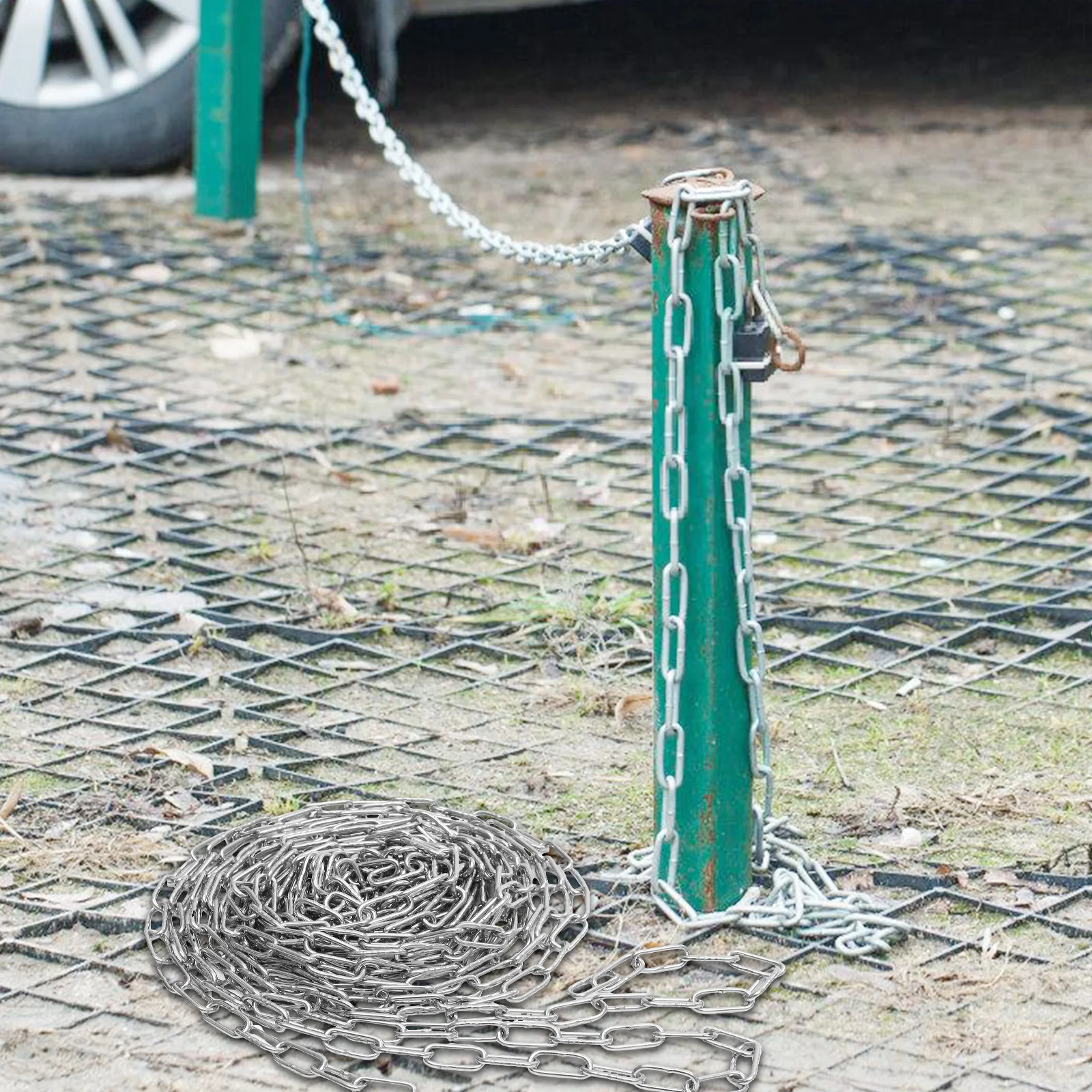 25ft Silver Galvanized Iron Barrier Chain 2in Links 7m Stylish Indoor Outdoor Crowd Control Driveway Parking Safety