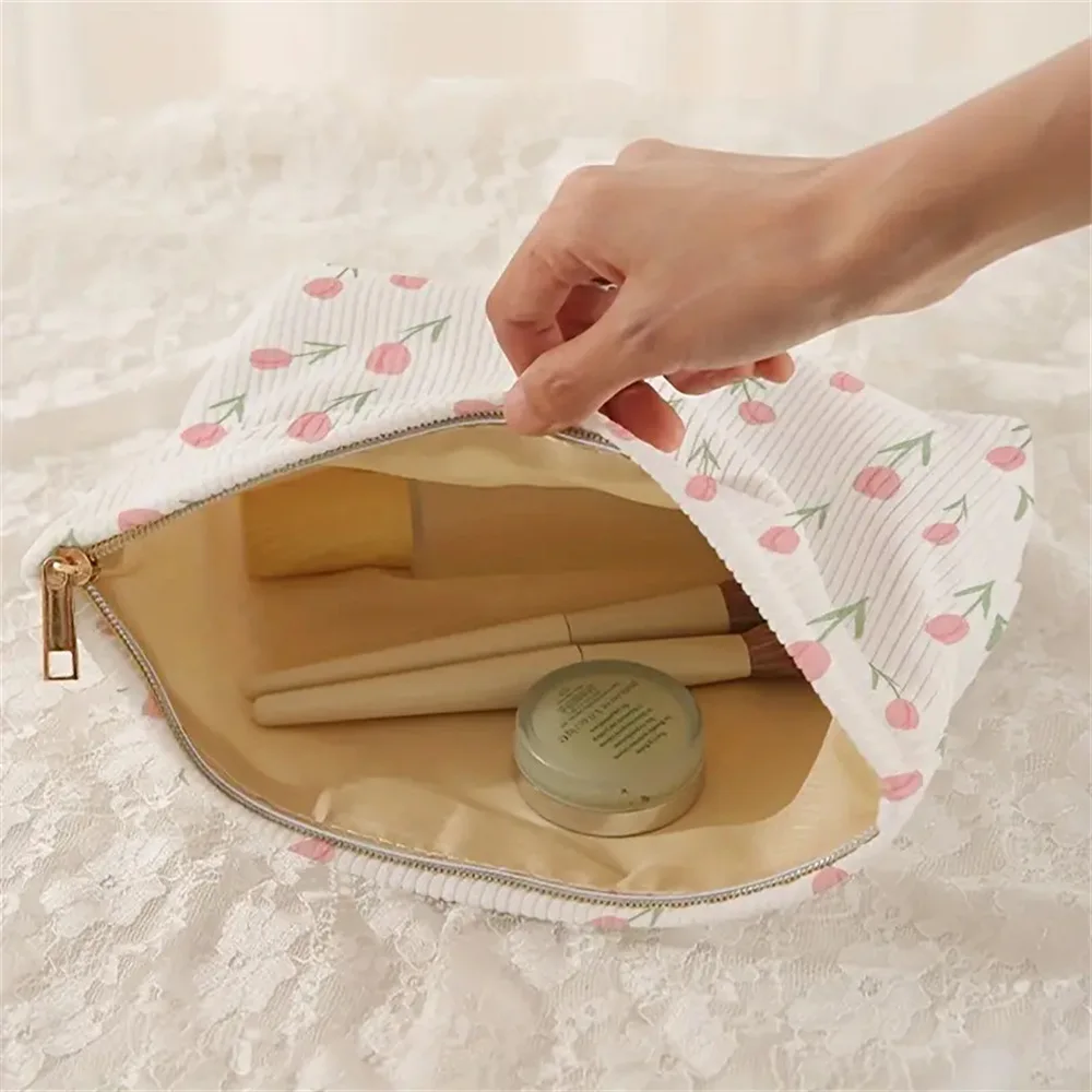 Cute Tulip Cosmetic Bag Gilrs Corduroy Zipper Makeup Organizer Toiletries Storage Pouch Gift Women Travel Portable Make Up Case