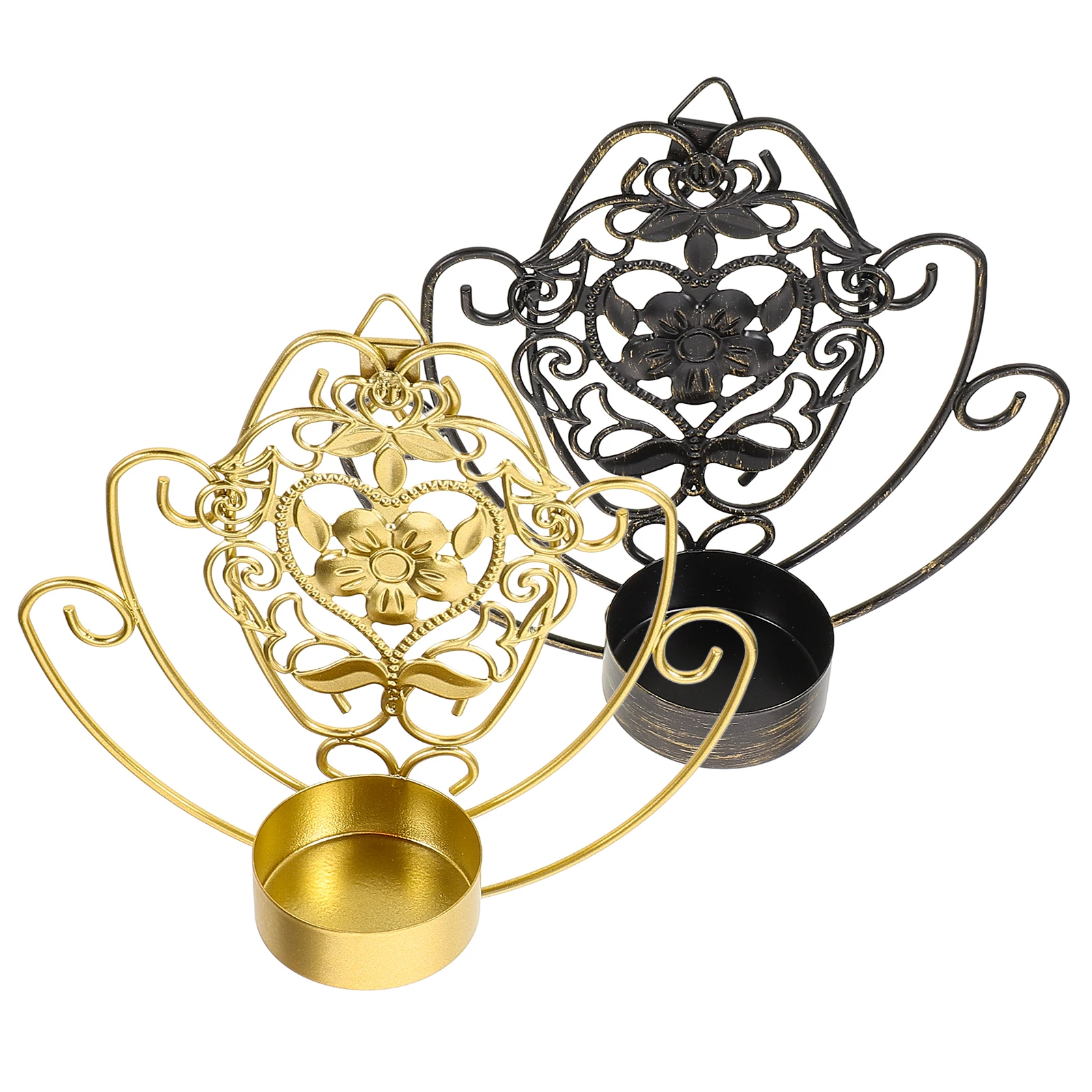 

2 Pcs Wall Mounted Holder Iron Stand Metal Candlesticks Home Decor Wrought Sconce LED Lighting Black Gold Pattern