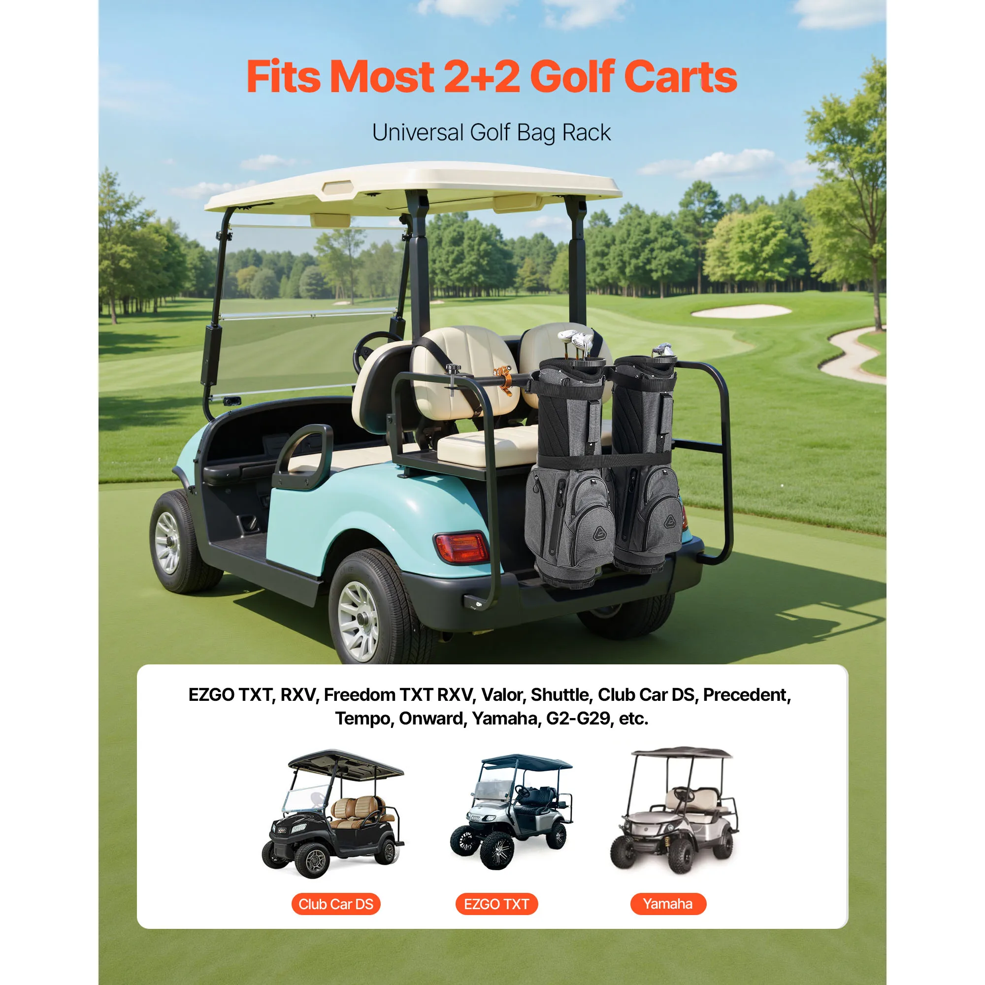 SucceBuy Golf Cart Bag Holder 53.9x7.7x2.4 In with Strap Compatible with Most 2+2 Golf Cart Rear Seat with 1.2-Inch Square Tubes