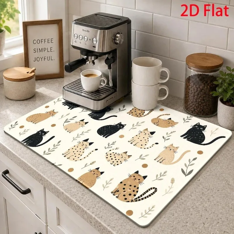 Kitchen Drainage Mat 2D Flat Cute Cats Animal Printed Pad Super Absorbent Tableware Drying Cushion Coffee Maker Rug