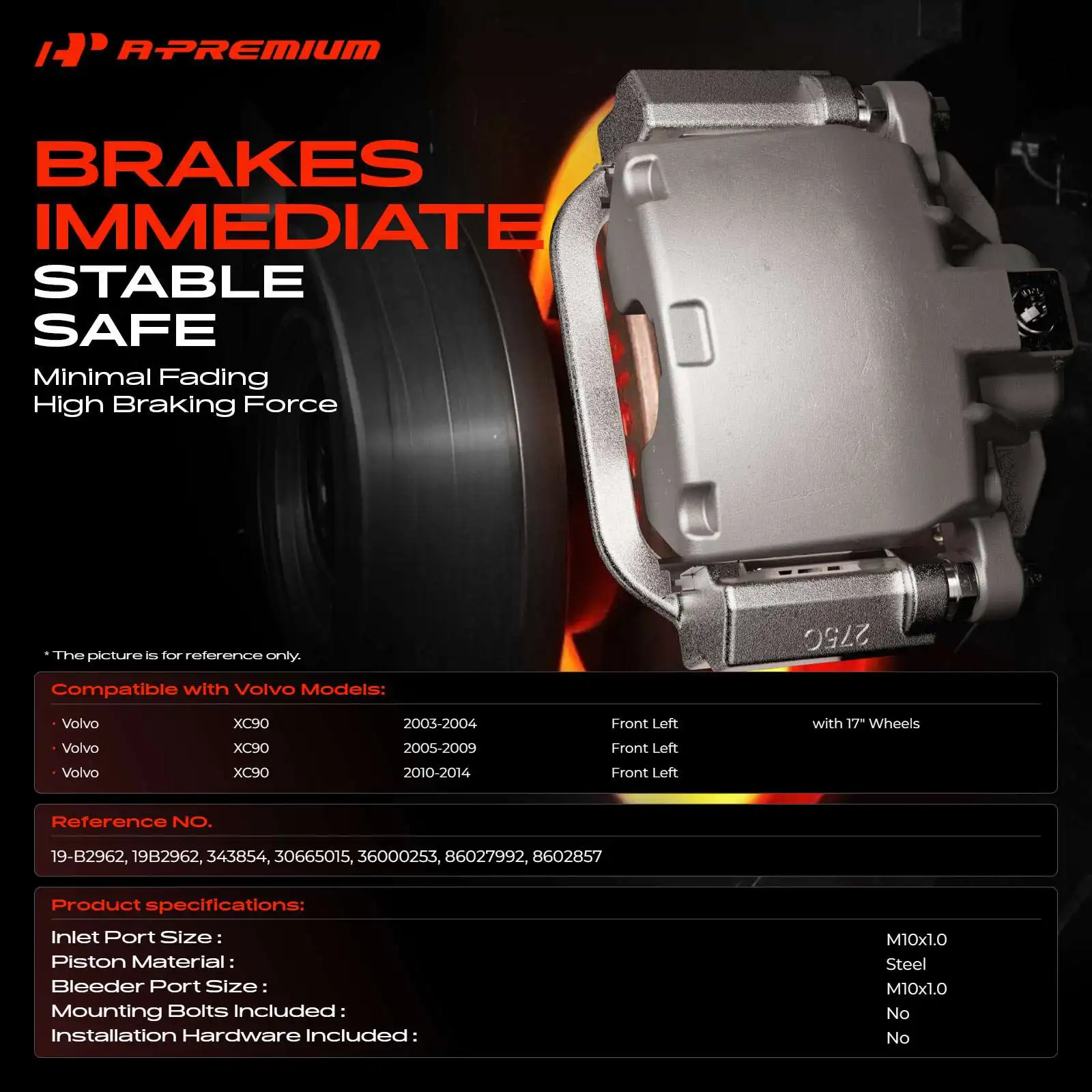 A-Premium Front Driver Side Disc Brake Caliper with Bracket for Volvo XC90 2003-2014