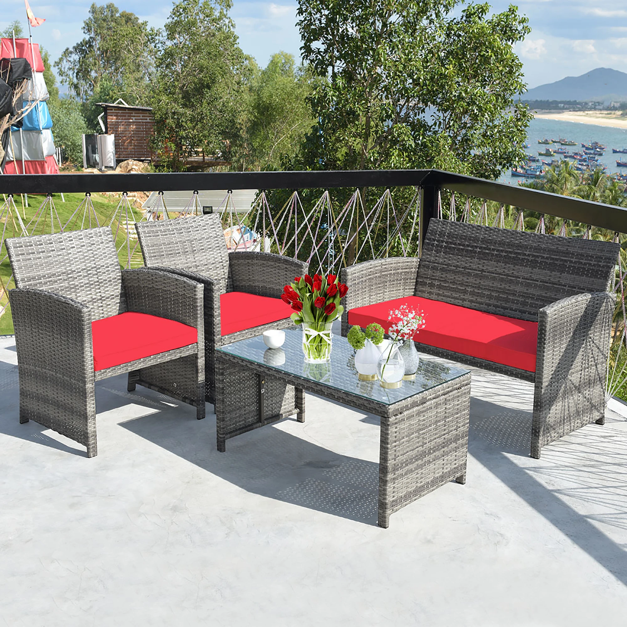 4PCS Patio Rattan Conversation Glass Table Top Cushioned Sofa Red