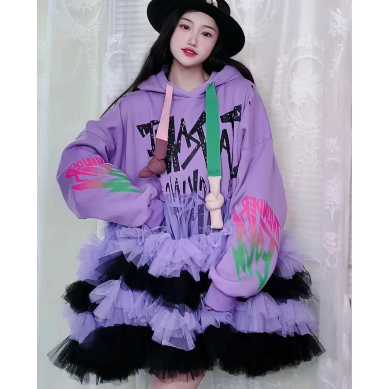 Letters Printed Mesh Ruffles Hooded Sweatshirt Graffiti Hand-Painted Long Pullovers Gauze Pleated Lotus  Patchwork Hoodies Tops