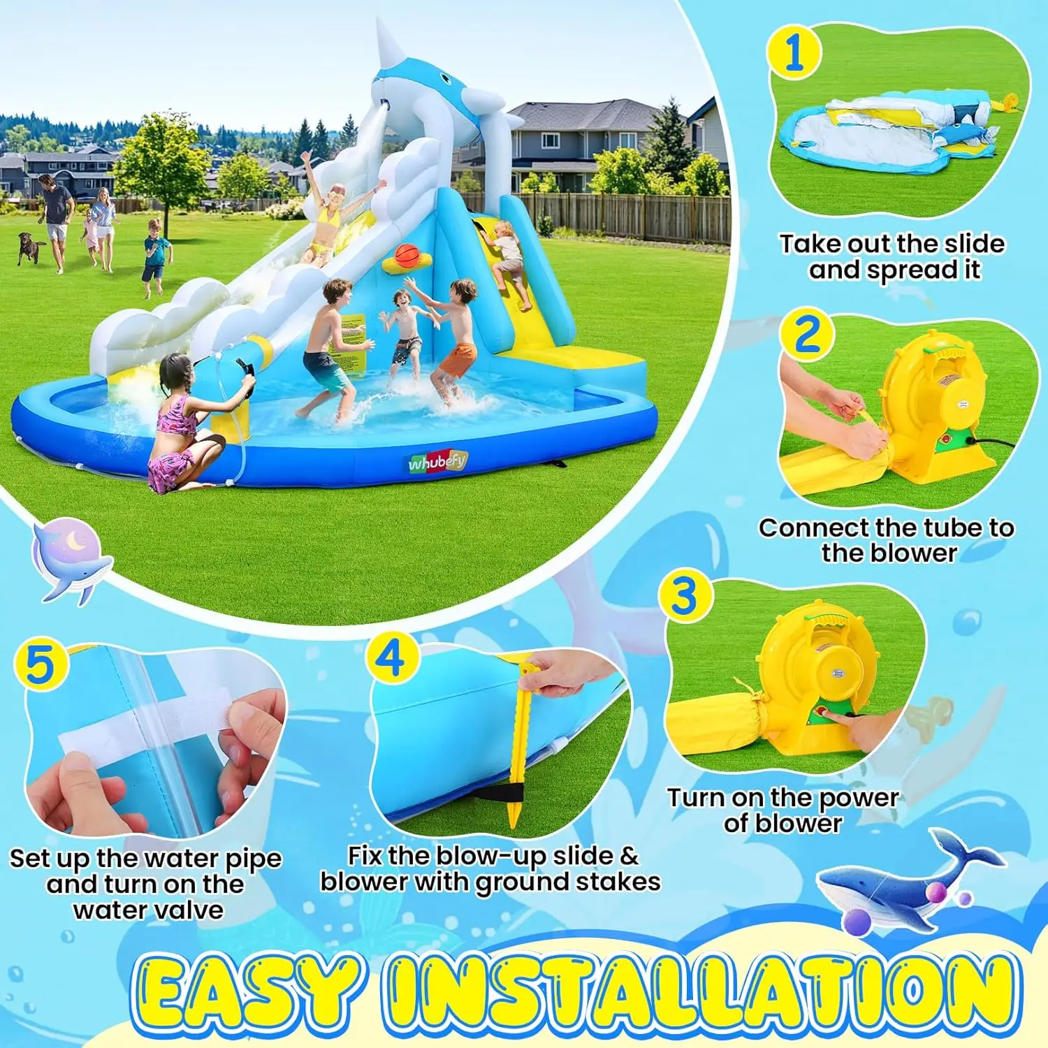 12x8.5 ฟุตสไลด์น้ําทําให้พองสําหรับเด็ก Backyard w/6 ของเล่นน้ํา & Inflatable Balls, blow Up Waterpark w/Whale Spout Slide, Spl