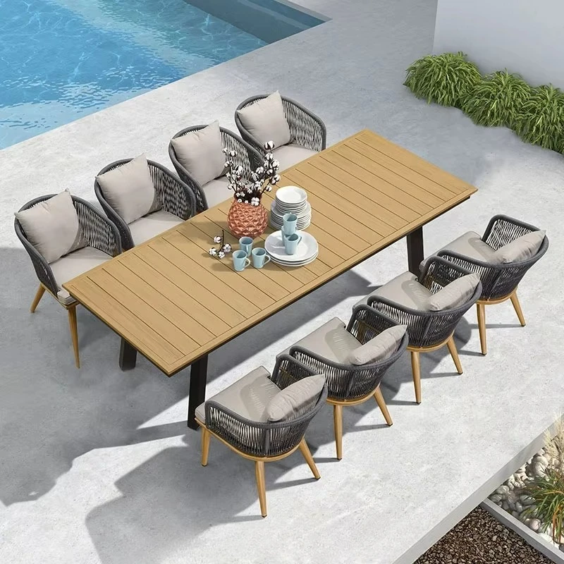 #Modern Outdoor Aluminium Kitchen Table Set Portable with Cushioned Wood Construction for Courtyard Balcony or Garden Usage