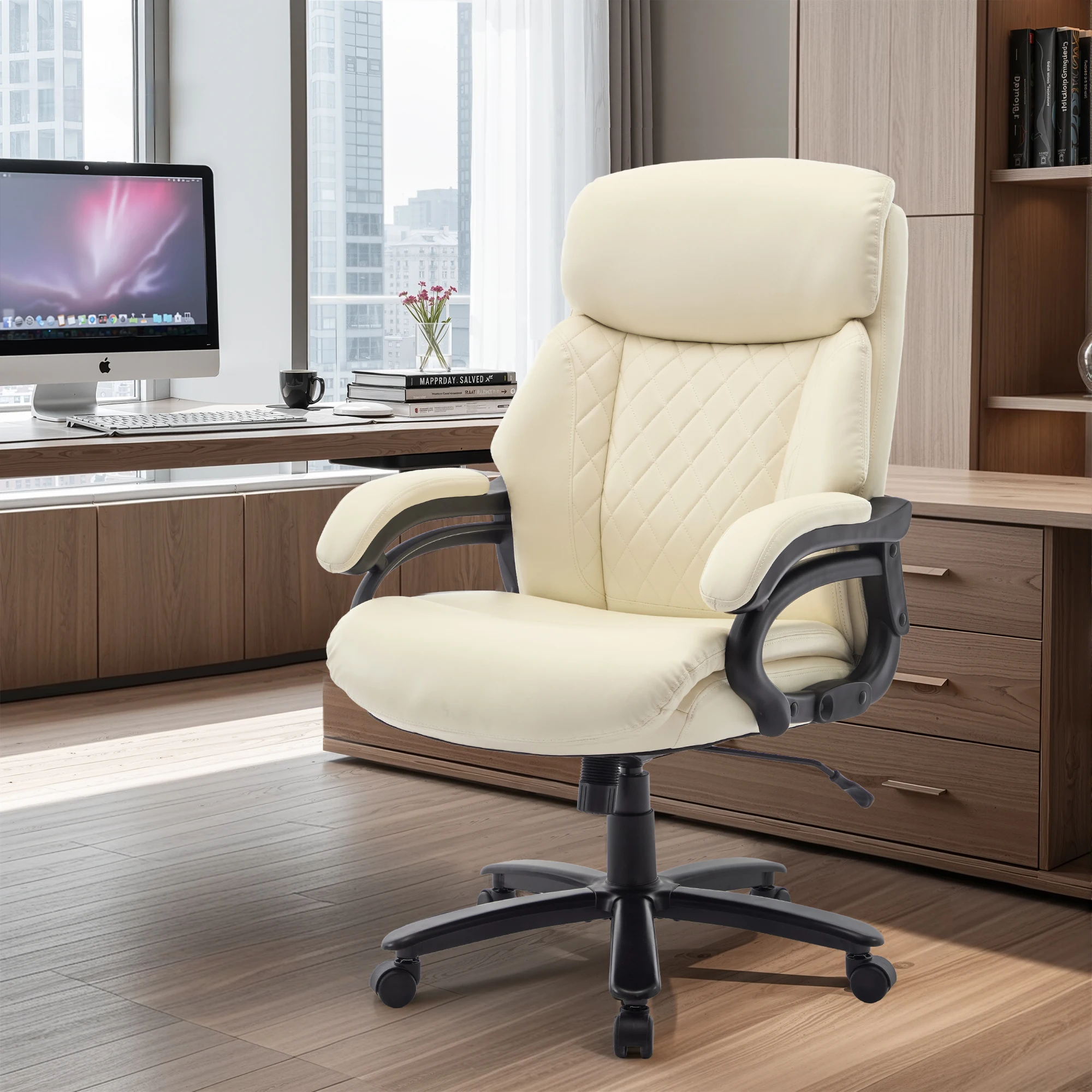 Bürostuhl mit verstellbaren Armlehnen, strukturierter Rückenlehne und extra breitem Kunstledersitz, Beige