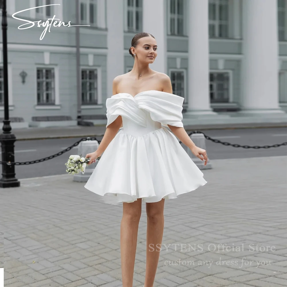 

SSYTENS White A Line Wedding Dress Above Knee Pleated Backless Vestidos De Novia Off Shoulder Bridal Gowns For Girl Customized
