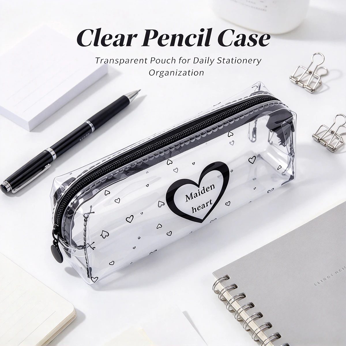 Clear PVC Zipper Pouch, Cute Heart Print Transparent Cosmetic Bag, Portable Multi-purpose Storage Case for Stationery, Makeup